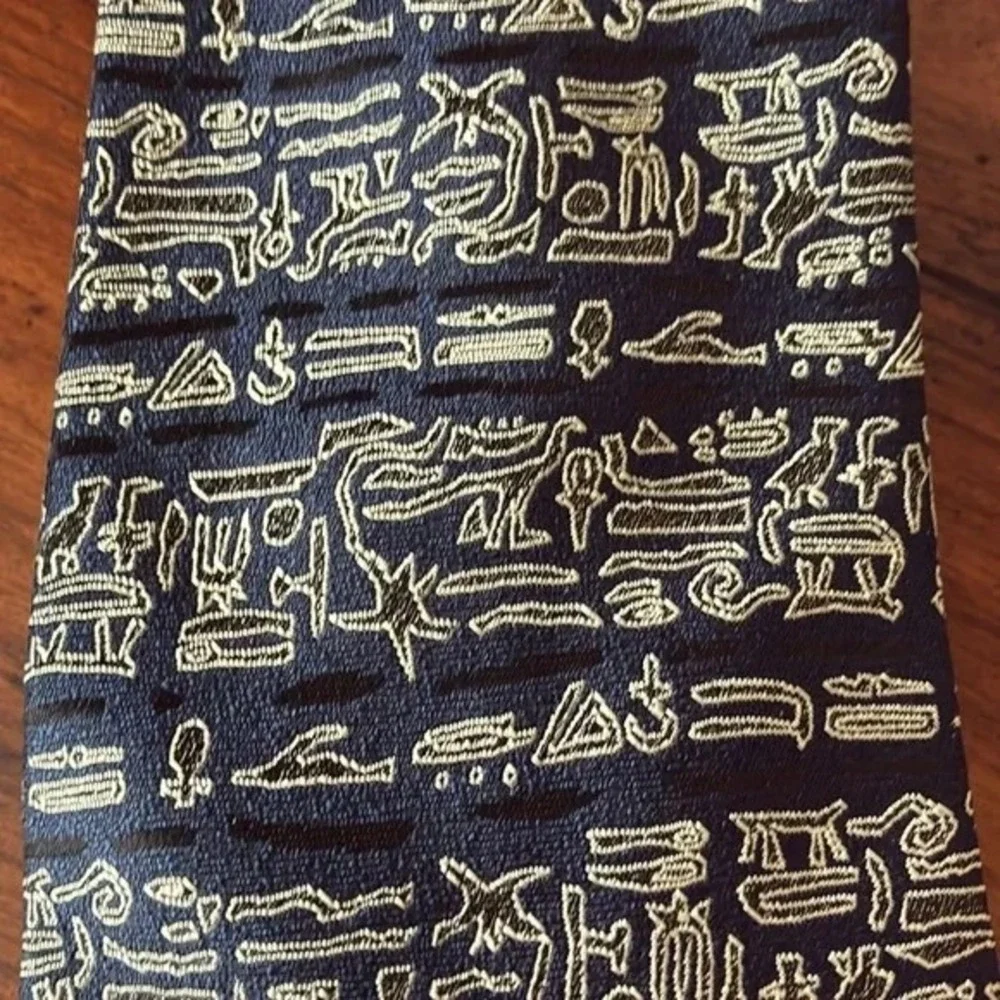 ERMENEGILDO ZEGMA Men Navy Black White Silk Hieroglyphics Necktie Made‎ in Italy